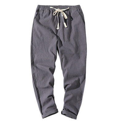 

Tailored Men Pure Color Trousers Tethers Cotton Linen Nine Points Small Feet Casual Pant