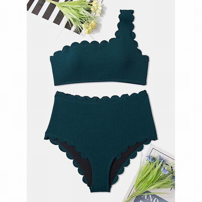 

Sexy one-shoulder bra bikini solid color oblique collar sleeveless high waist split swimsuit