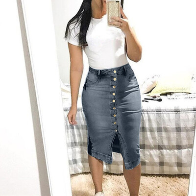 

Roseonmyhand New Womens Fashion Denim Skirt Summer Button Design Split Front Open Skirts