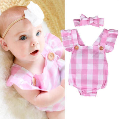 

2Pcs Infant Baby Girl Checked Romper Jumpsuit Bodysuit Sunsuit Headband Outfit Set