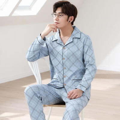 

Mens Pajamas Autumn Cotton Short Sleeve Top Long Pants Turn Down Pajamas Sleepwear Set