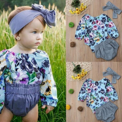

Newborn Baby Girl Long Sleeve Blue Floral Romper Tutu Shorts Headband Outfit Set