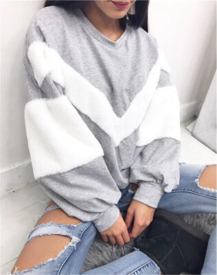 

New Women Fashion Loose Plush Stitching Sweatshirt Casual Autumn Winter Warm Sweater Pullover Tops