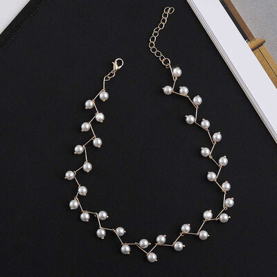 

New Trendy Leaf Design Simulated Pearl Choker Colar For Women Silver Gold Color Clavicle Chain Necklace Party Gift