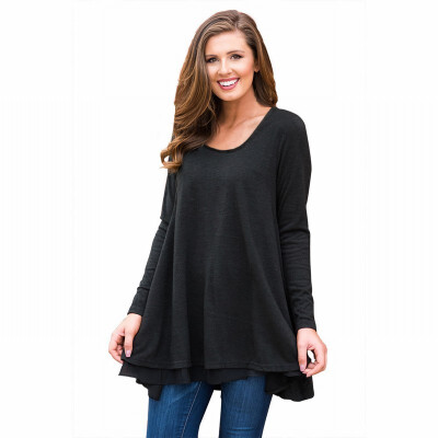 

Round neck long sleeve solid color casual long loose top