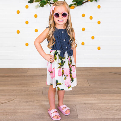 

Toddler Baby Girls Sleeveless lemon Peach Print Dress Splice Denim Dresses