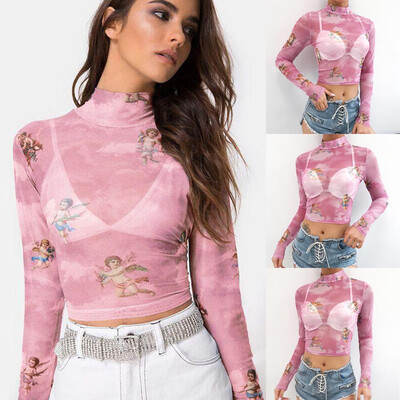 

Starmoon Women Turtleneck Long Sleeve Starry Angle Print Mesh Perspective Short Top