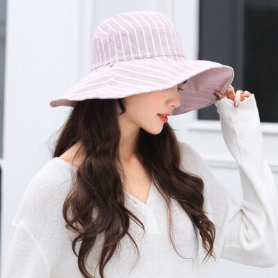 

Cotton&hemp hat female spring&summer sunshade hat outdoor sun hat eaves wear large stripes sunscreen hat basin hat