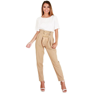 

New Fashion Women Pencil Pants Lace Up Front Side Pockets Ruched High Waist Solid Color Summer Trousers