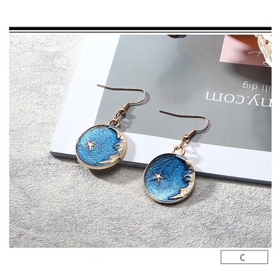 

Women Blue Metal Asymmetric Geometry Starry Moon Planet Stud Earrings Long Asymmetric Wild Sweet Jewelry Eardrop One size