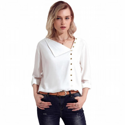 

Solid color lapel asymmetric button long sleeve casual white collar blouse top