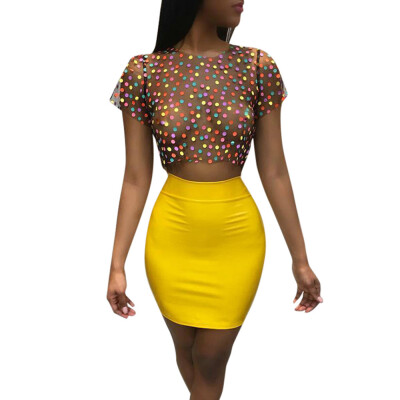 

Roseonmyhand Women Sexy 2 Pieces Dot Print Mesh Short T-shirt Indie Fork Slim Mini Skirt Sets