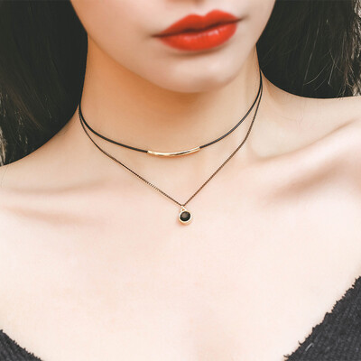 

Korea double crystal necklace chain collar female choker short leather rope clavicle necklace plated 18K color gold jewelry