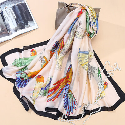 

Spring&summer new ladies simulation silk parrot printing new silk satin long towel beach towel sunscreen scarf SK019