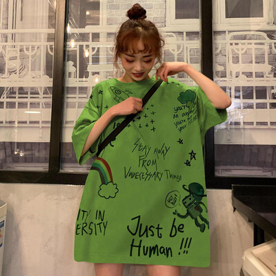 

Preppy Style Cartoon Funny Print Loose Top Trend Short-sleeved Womens Tee O-Neck Long Clothing Length Tee