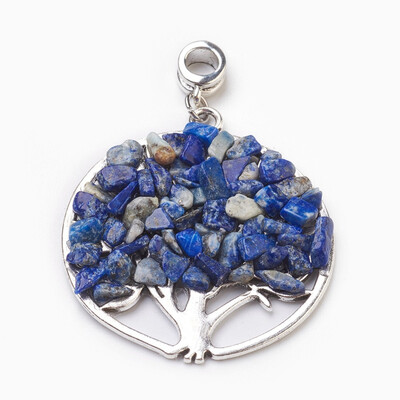 

Natural Lapis Lazuli European Dangle Beads Large Hole Pendants with Antique Silver Plated Alloy Findings Flat Round with Tree