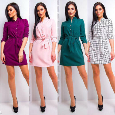 

UK Womens Stand Collar Loose Casual Dress Elegant Waist Band Beach Party Dresses