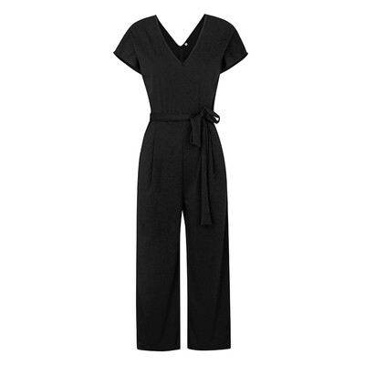 

Summer Solid Color Jumpsuit V-neck Short-sleeved Belt Jumpsuit Wide-leg Pants