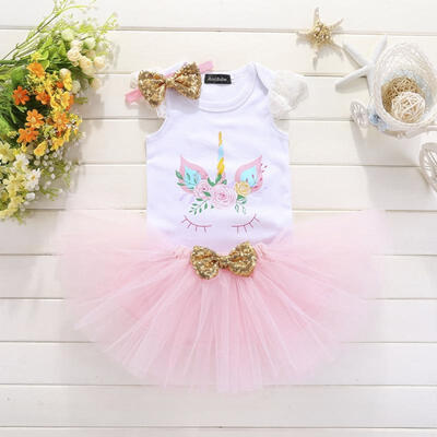 

Newborn Baby Girl Cartoon Romper Tops Lace Tutu Skirt Party 3Pcs Outfits Clothes