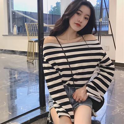 

wild womens sexy strapless striped print long-sleeved casual T-shirt