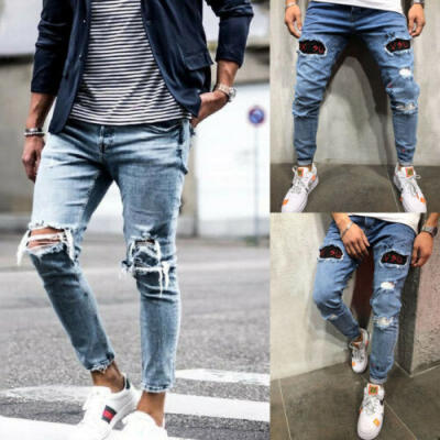 

Mens Ripped Skinny Biker Jeans Destroyed Frayed Slim Denim Pants Trousers UK