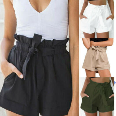 

US Womens High Waist Tie Belt Paper Bag Shorts Ladies Summer Hot Pants Size 6-14