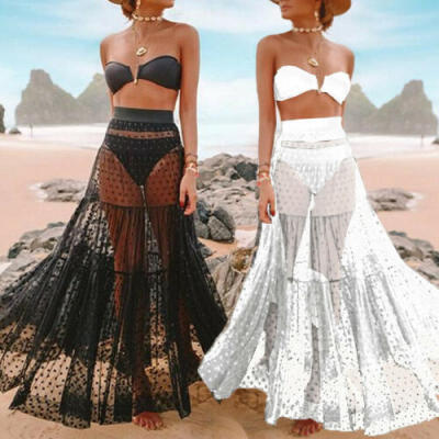 

PLUS SIZE Lady Boho Bikini Mesh Pleated Swimwear Sheer Cover Up Maxi Skirt Dress