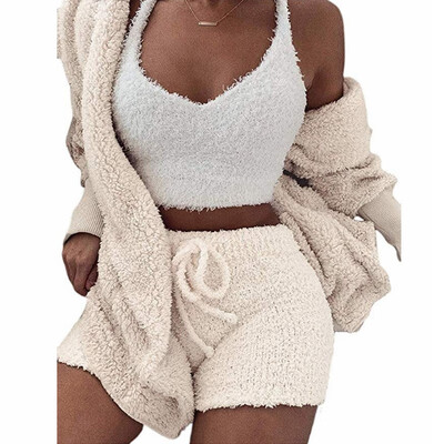 

Fashion Women Cardigan Sweater Plush Hooded Coat Shorts Set Sleepwear 2PCS