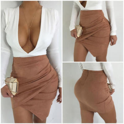 

UK STOCK Women High Waist Lace Up Suede Leather Pocket Preppy Bodycon Mini Skirt