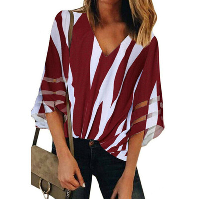 

Womens V-Neck Short Sleeve Striped Casual Blouse Loose Tops Summer T-Shirt NEW