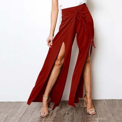 

Womens High Split Trousers Summer Flared Palazzo Pants Beach Wide Leg Front Tie