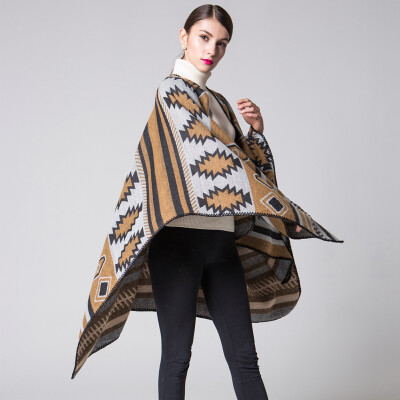 

Women Poncho Scarf Cardigan Sweater Geometrical Print Warm Cape Shawl Long Scarves Pashmina Outwear