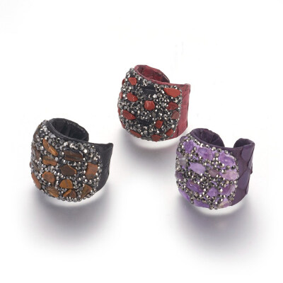 

Leather Imitation Snakeskin Cuff Rings with Polymer Clay Rhinestone Natural Mixed Stone Chips Size 8 18mm