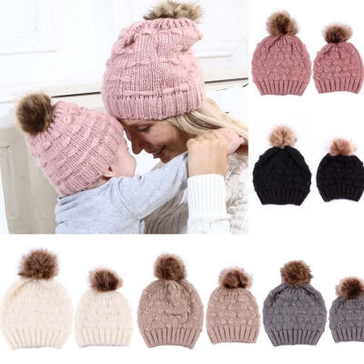 

2PC Mom Kids Knitted Wool Hat Baby Winter Warm Cap Pompom Bobble Beanie Hats