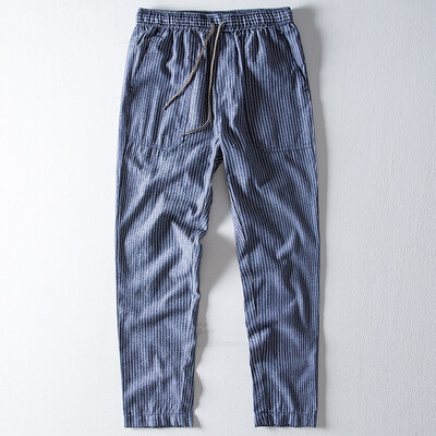 

Gobestart Fashion Men Casual Ethnic Style Striped Cotton Linen Long Pants Casual Trousers