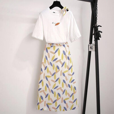 

Women Round Neck Short SleeveT Shirt High Waist Midi Skirt Set