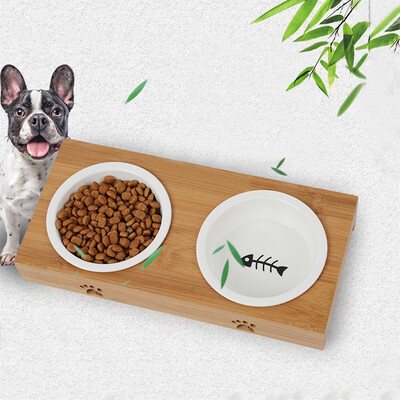 

Gobestart Elevated Bamboo Pet Table With Duo Ceramic Bowls Raised Pet Feeder Cat Dog Bowls