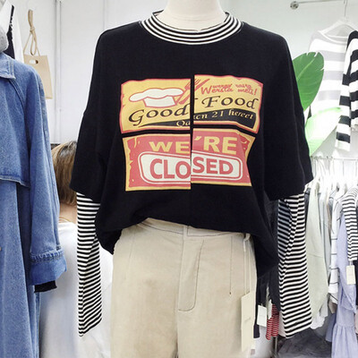 

Sports Tops Women Round Collar Summer Fake Two-piece Striped Letter Loose Long Sleeve Casual Simple Wild T-Shirt