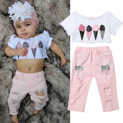

US Newborn Baby Girl Ice Cream Printing Top Trousers Pants 2PCS Outfit Clothes