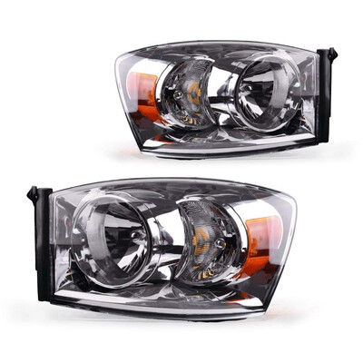 

Headlight Assembly for 2006 2007 2008 Dodge Ram 1500 2500 3500 Pickup Driving Light Chromed Housing Amber Reflector Clear Lens