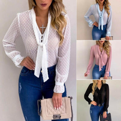 

Formal Women Girls Mesh Sheer Long Sleeve Top Shirt Blouse Tee Shirt