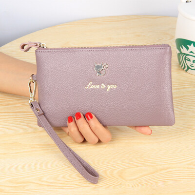 

2019 new leather cat long wallet female Europe&the United States new ultra-thin lychee grain leather zipper hand wallet