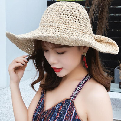 

Women Summer Straw Hat Big Wide Brim Beach Sun Hat Foldable Protection Vacation Panama Cap KhakiBeige