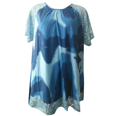 

Roseonmyhand Plus Size Women O-Neck Print Patchwork Hollow Out Short Sleeve Blouse Shirt Tops