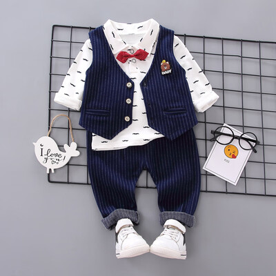 

Autumn Baby Boy Long Sleeve Floral Print T-shirt Striped Vest Trousers Casual Outfits