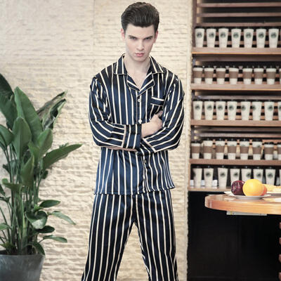 

Spring Summer Mens Stain Silk Striped Pajamas Set Male Long-sleeved Trousers Printed Silk Thin Sleepwear Home Nightgown