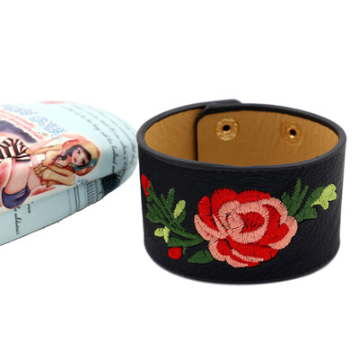 

4color Broider Flower New Arrival Fashion Wide Leather Bracelets Women Cufff Bangle Jewelry Accessories
