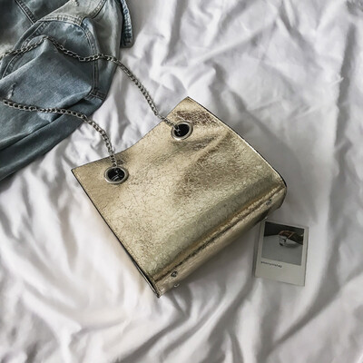 

2018 female spring&summer new simple design gold black silver big tote bag shoulder bag messenger bag chain slung handbag