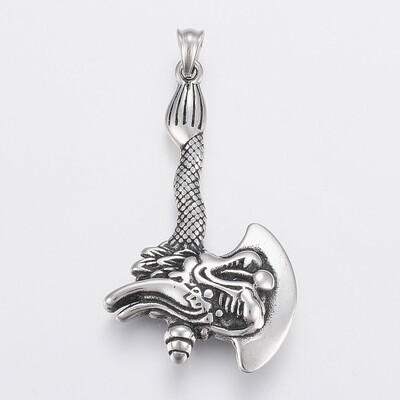 

304 Stainless Steel Big Pendants Axe with Dragon Antique Silver 52x30x7mm Hole 6x55mm