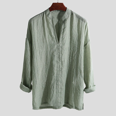 

Toponeto Mens Causal Shirt Breathable Long Sleeve Loose Solid Color V-Neck Top Blouse